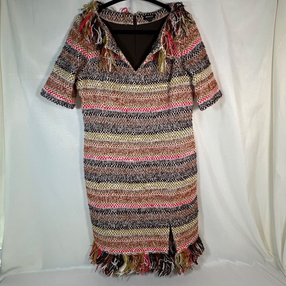WORTH New York Southwestern Woven Tweed Sheath Dress Size 12 Fringe Accent Aztec